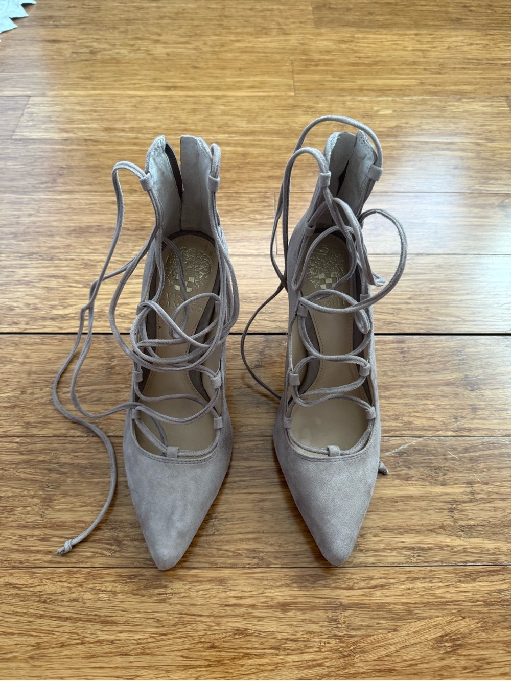Vince Camuto Lace-Up Pointed-Toe Heels in Light Taupe Suede